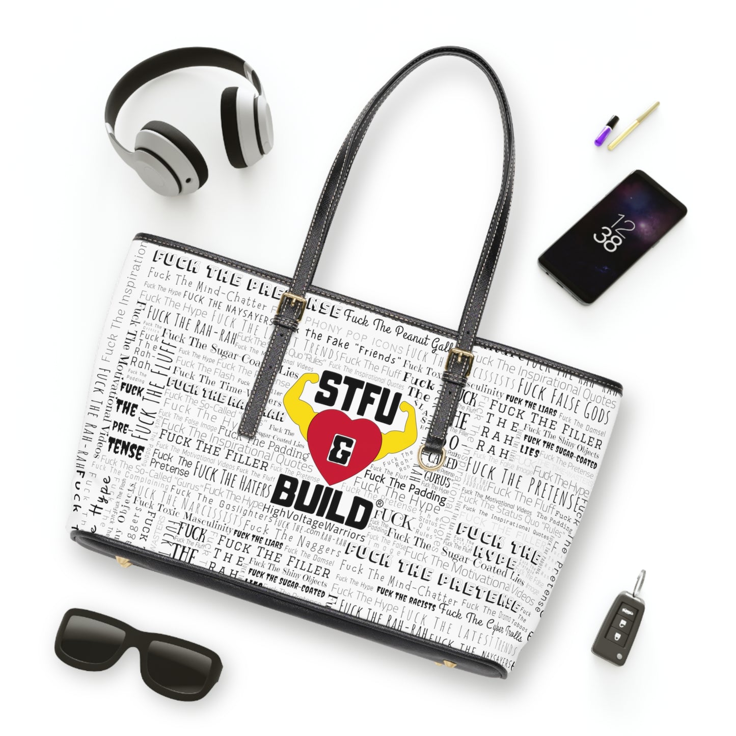 STFU & BUILD® - Word Art Wrap - White - Faux Leather Shoulder Bag