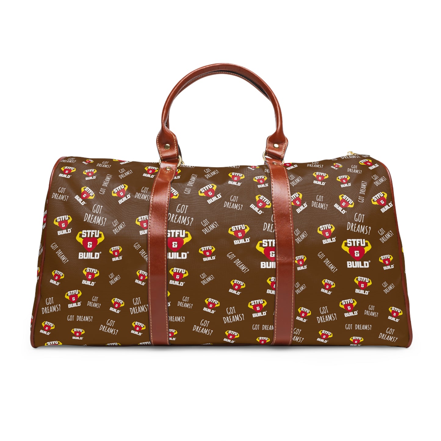 STFU & BUILD® | Classic Collage — Waterproof Travel Bag (Vintage Brown)