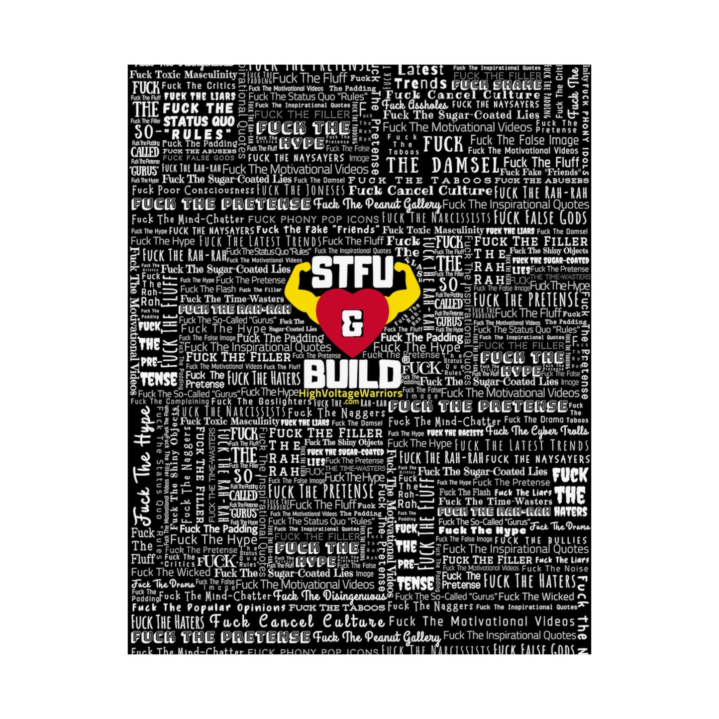 STFU & BUILD - Word Art Wrap - Black Background - Premium Matte Vertical Posters