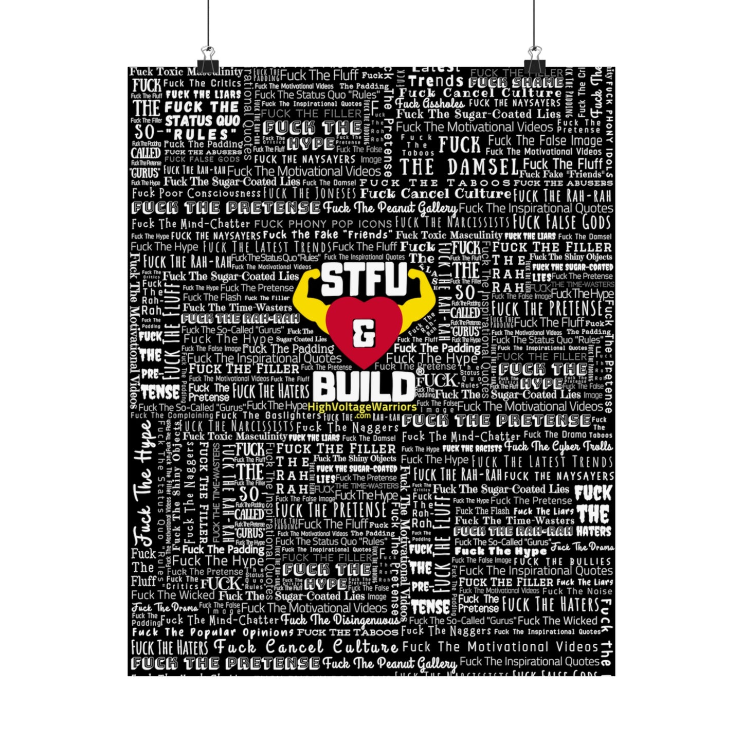 STFU & BUILD - Word Art Wrap - Black Background - Premium Matte Vertical Posters