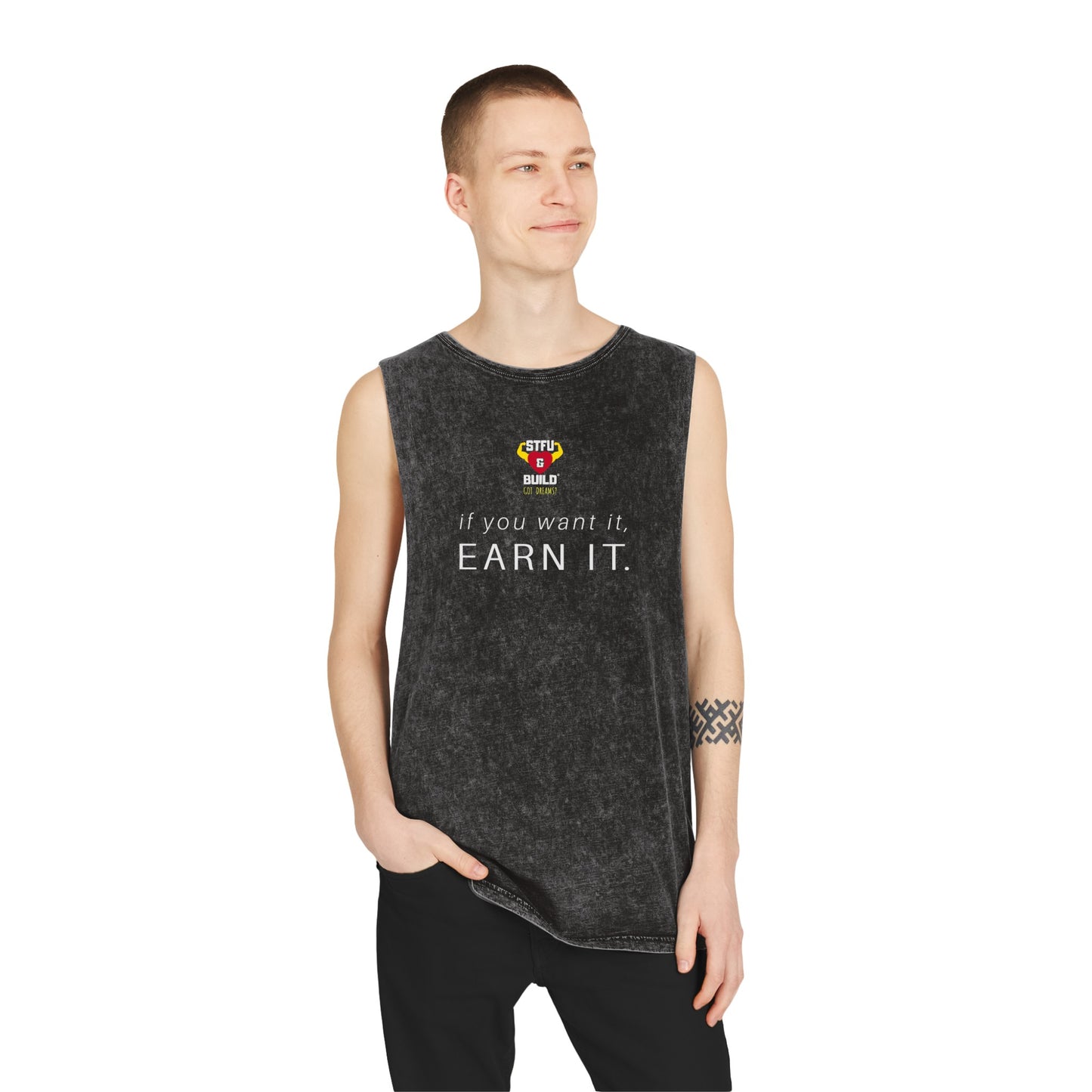 STFU & BUILD® - Classic Logo - Earn It - Unisex Stonewash Tank Top