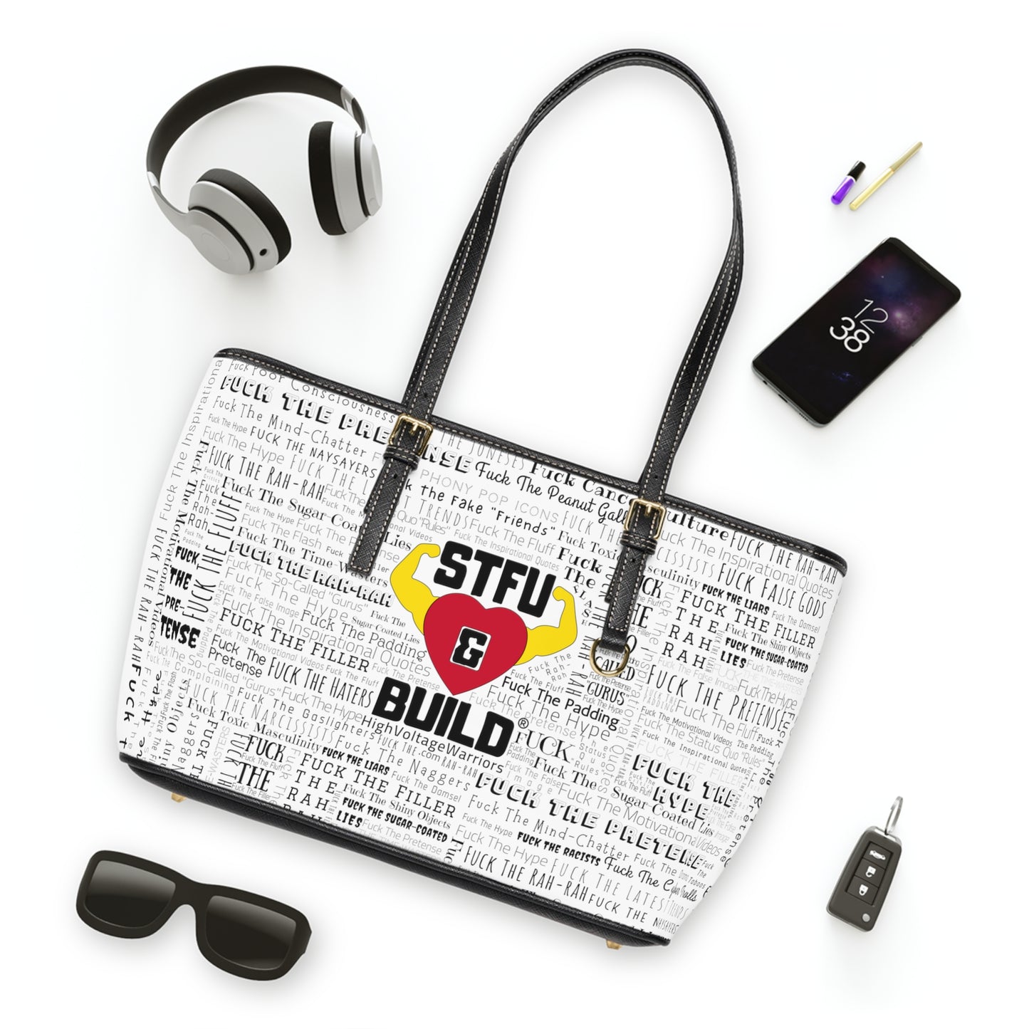 STFU & BUILD® - Word Art Wrap - White - Faux Leather Shoulder Bag