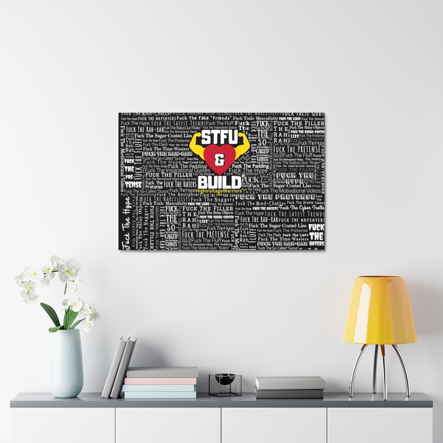 STFU & BUILD® - Word Art Wrap - Black Background - Satin Canvas, Stretched