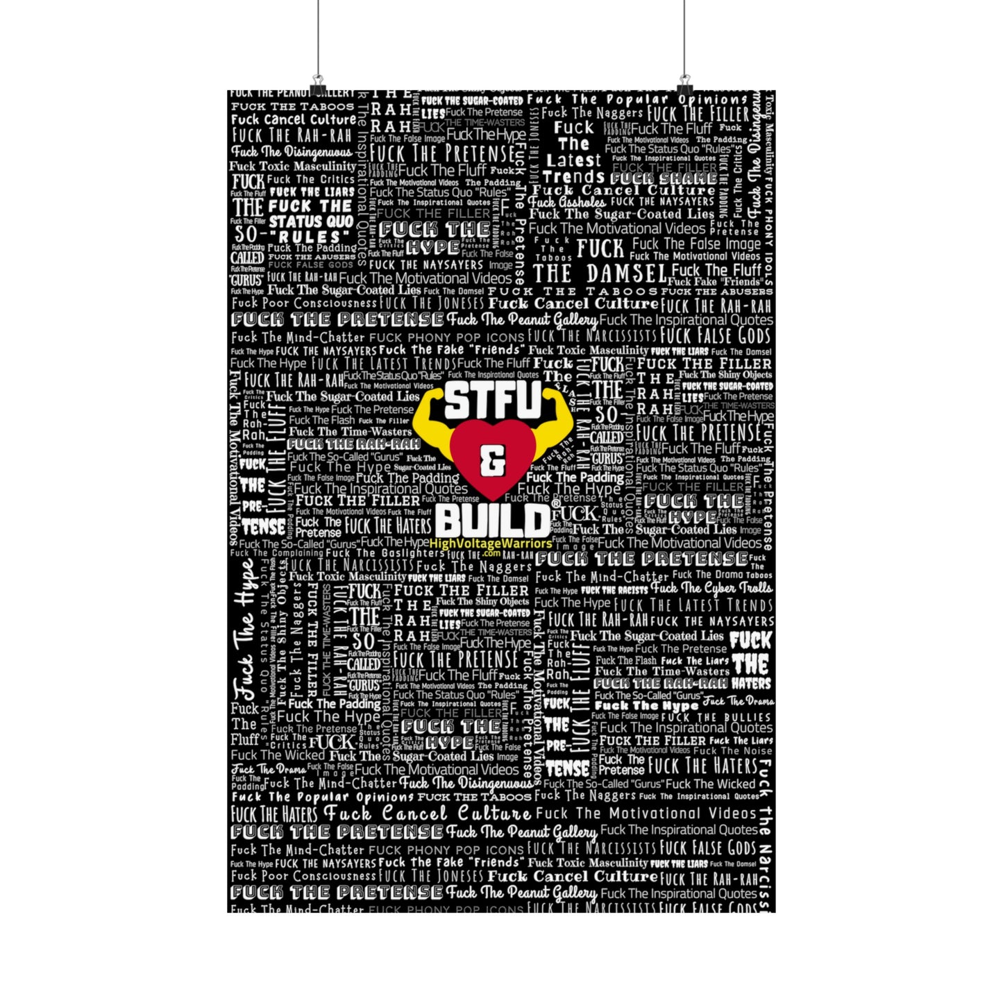 STFU & BUILD - Word Art Wrap - Black Background - Premium Matte Vertical Posters