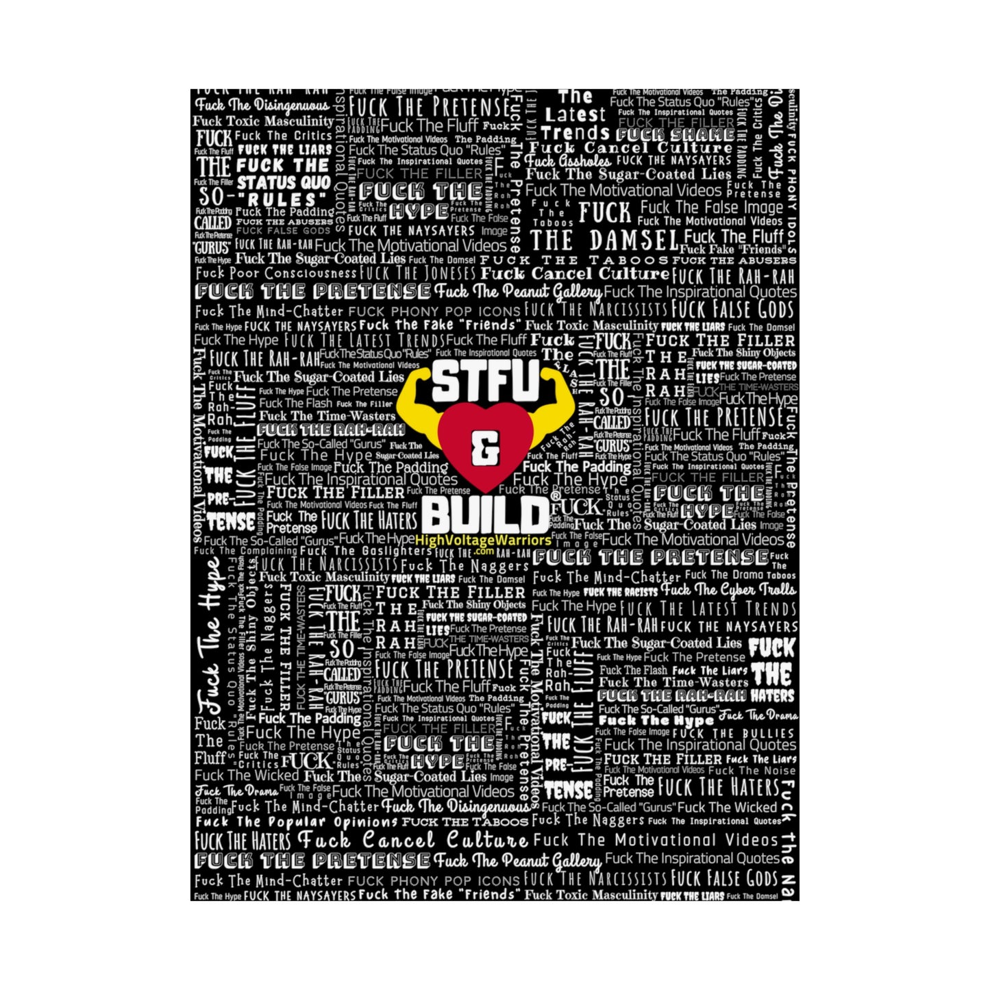 STFU & BUILD - Word Art Wrap - Black Background - Premium Matte Vertical Posters