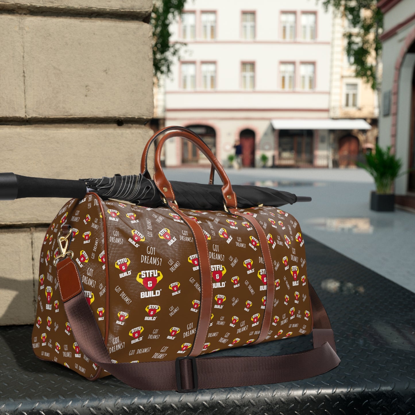 STFU & BUILD® - Classic Collage - Vintage Brown - Waterproof Travel Bag