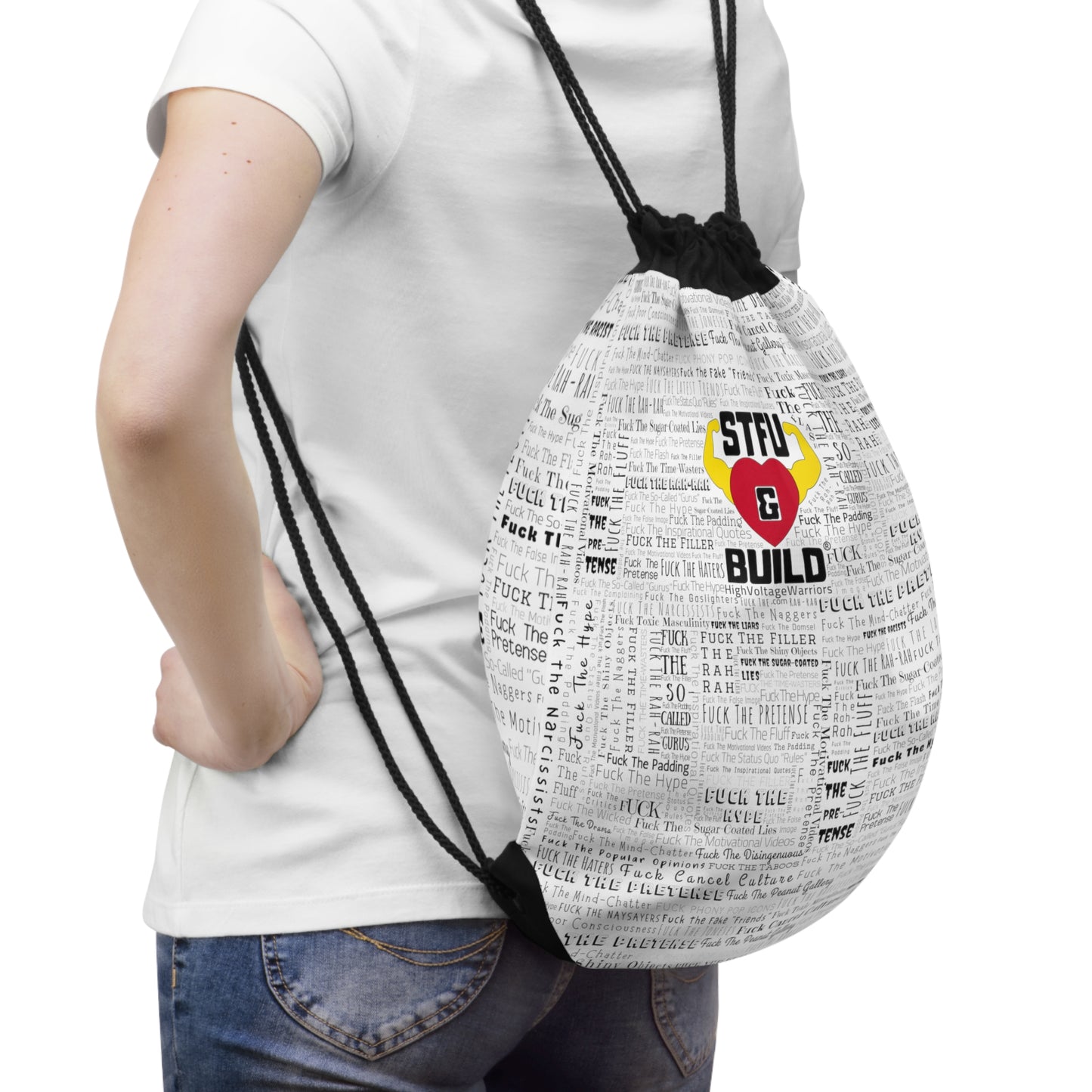 STFU & BUILD® - Word Art Wrap - White - Drawstring Bag
