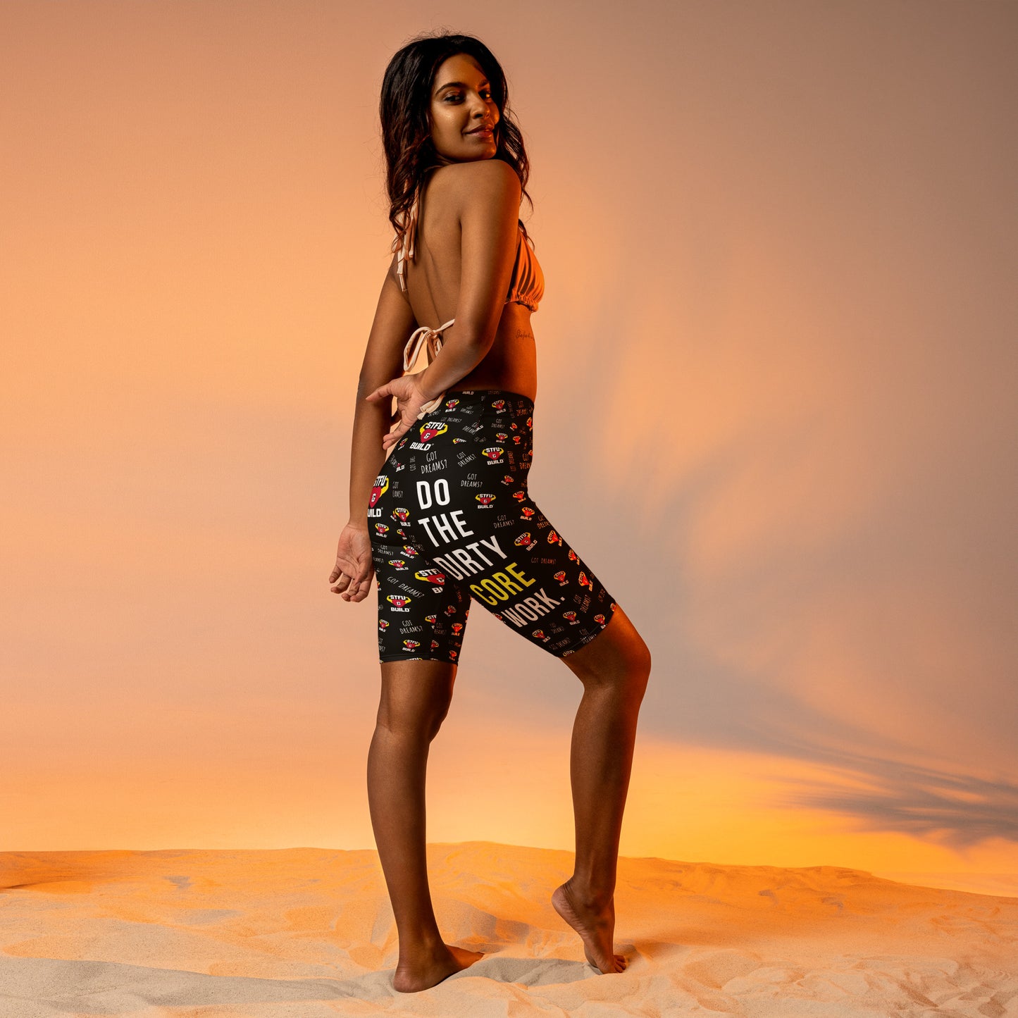 STFU & BUILD® | “Do The Dirty Core Work — Classic Collage” — Women's Biker Shorts