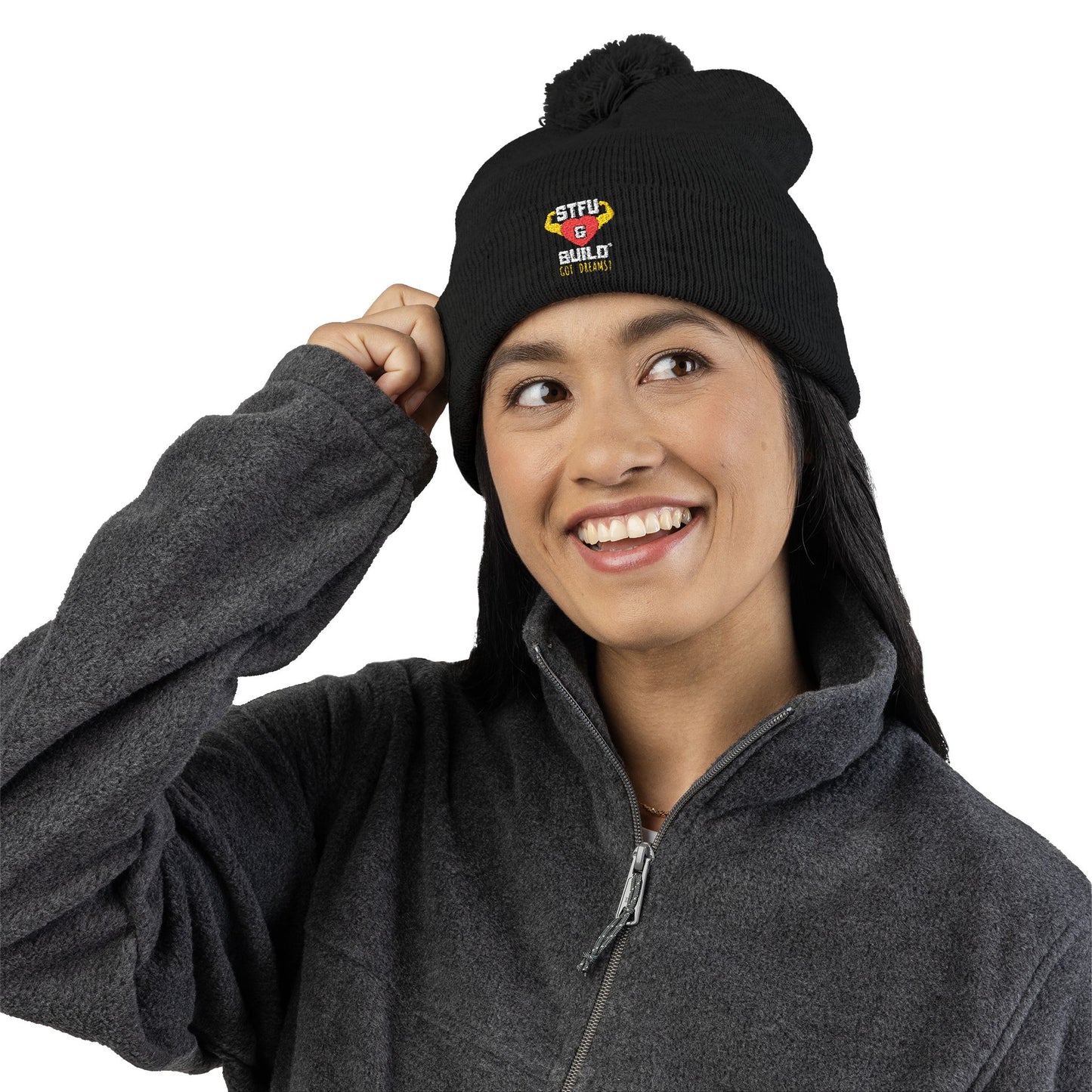 Got Dreams? STFU & BUILD® Stylish Pom-Pom Knit Cap | Embroidered Beanie for Dreamers