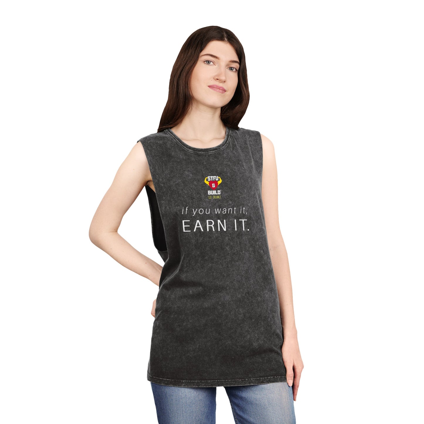STFU & BUILD® - Classic Logo - Earn It - Unisex Stonewash Tank Top