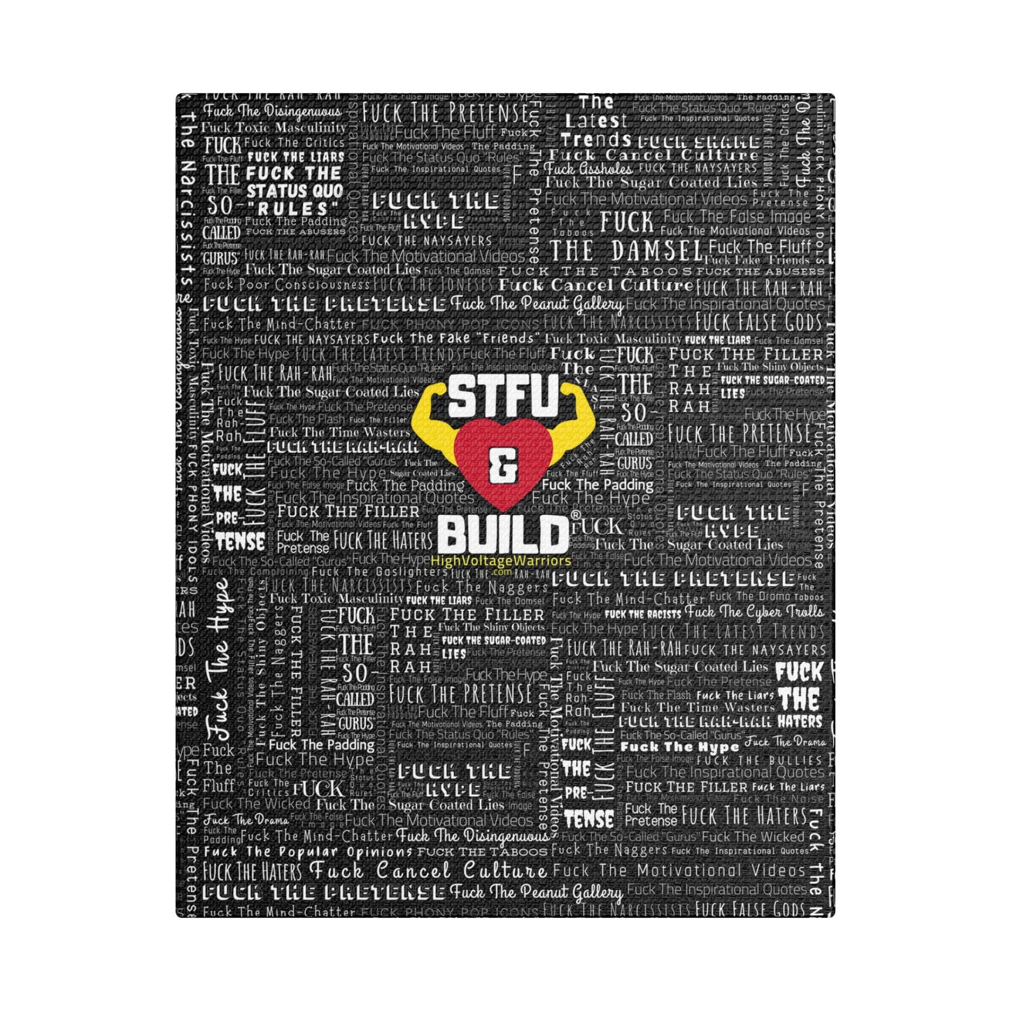 STFU & BUILD® | “Word Art Wrap” — Satin Canvas (Black, Stretched)