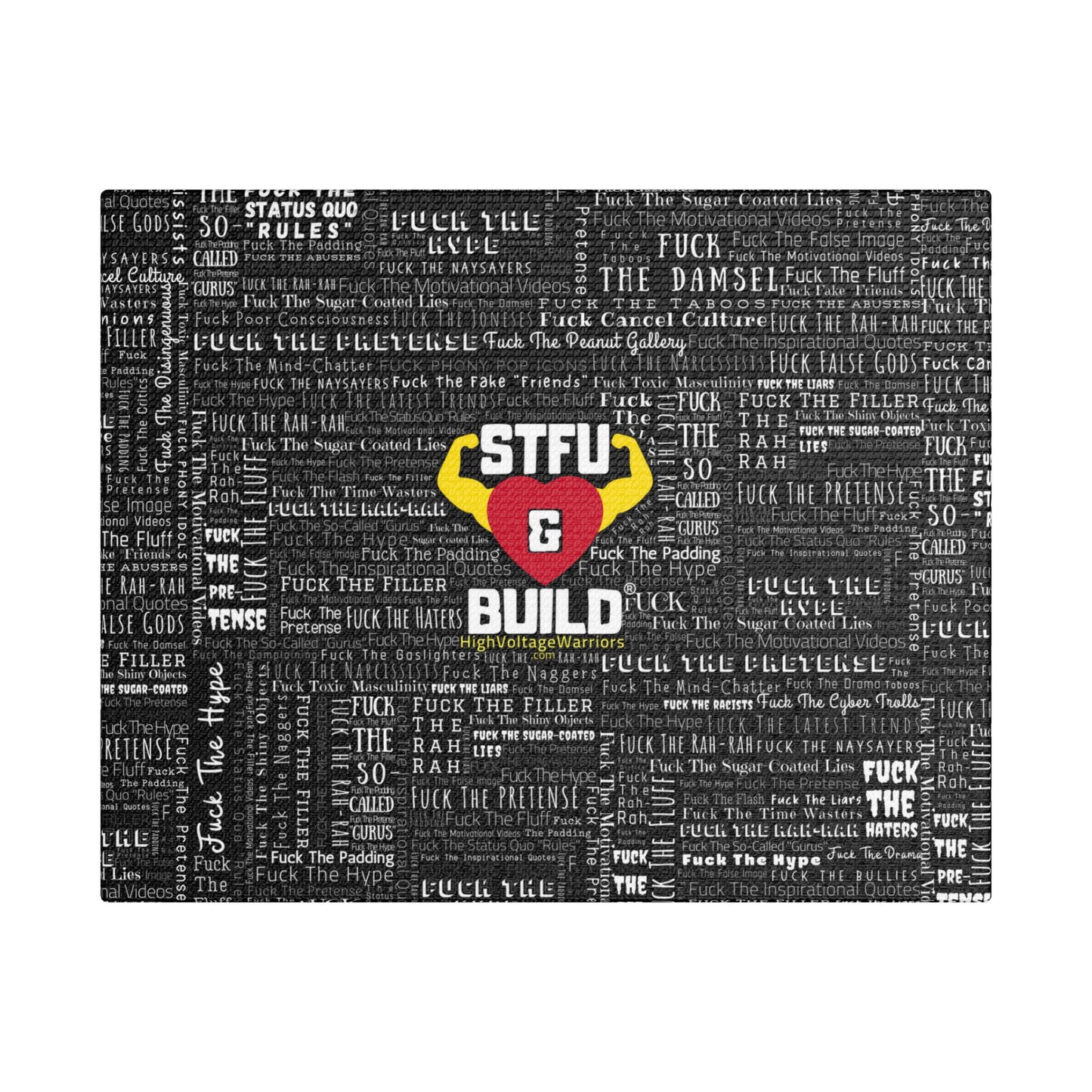 STFU & BUILD® | “Word Art Wrap” — Satin Canvas (Black, Stretched)