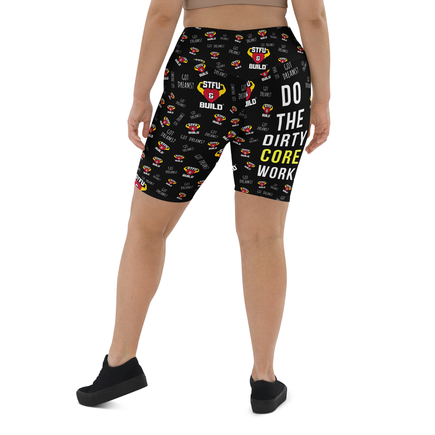 STFU & BUILD® | “Do The Dirty Core Work — Classic Collage” — Women's Biker Shorts