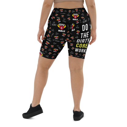 STFU & BUILD® | “Do The Dirty Core Work — Classic Collage” — Women's Biker Shorts