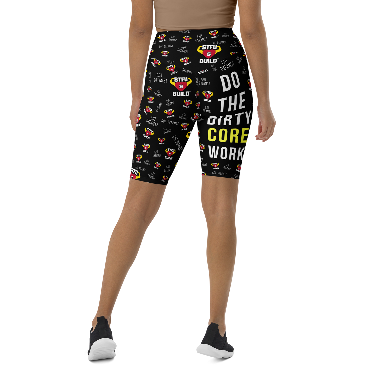 STFU & BUILD® | “Do The Dirty Core Work — Classic Collage” — Women's Biker Shorts
