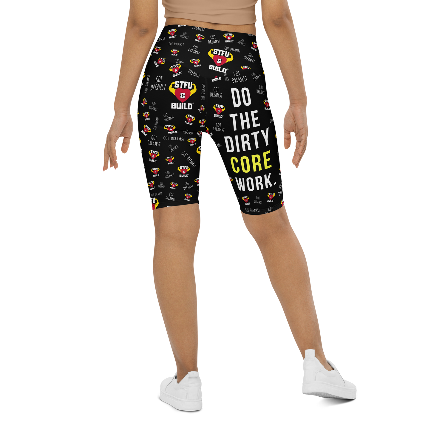 STFU & BUILD® | “Do The Dirty Core Work — Classic Collage” — Women's Biker Shorts