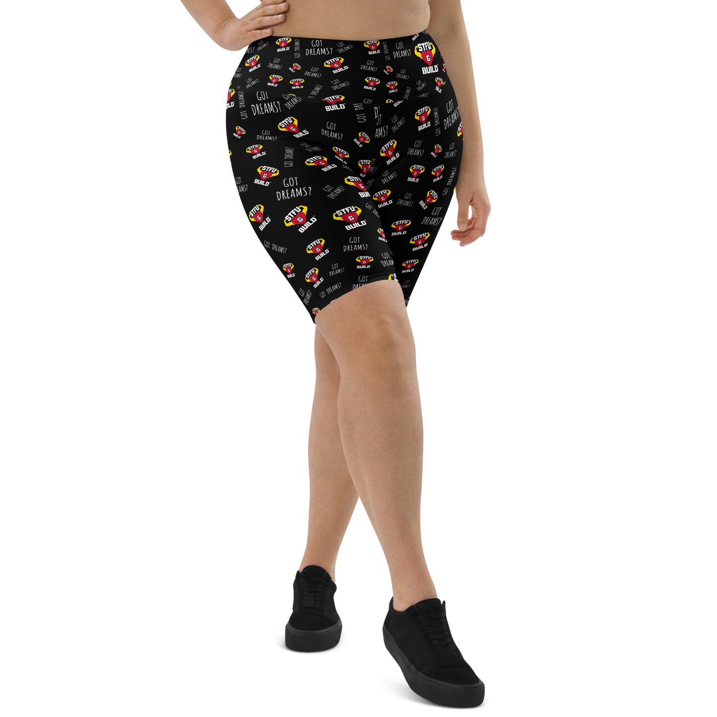 STFU & BUILD® | “Do The Dirty Core Work — Classic Collage” — Women's Biker Shorts