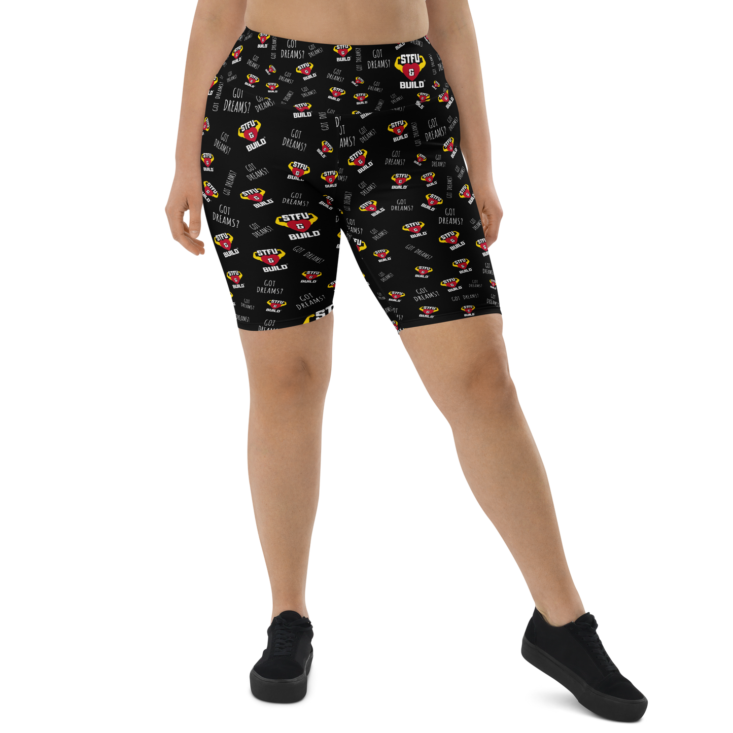 STFU & BUILD® | “Do The Dirty Core Work — Classic Collage” — Women's Biker Shorts