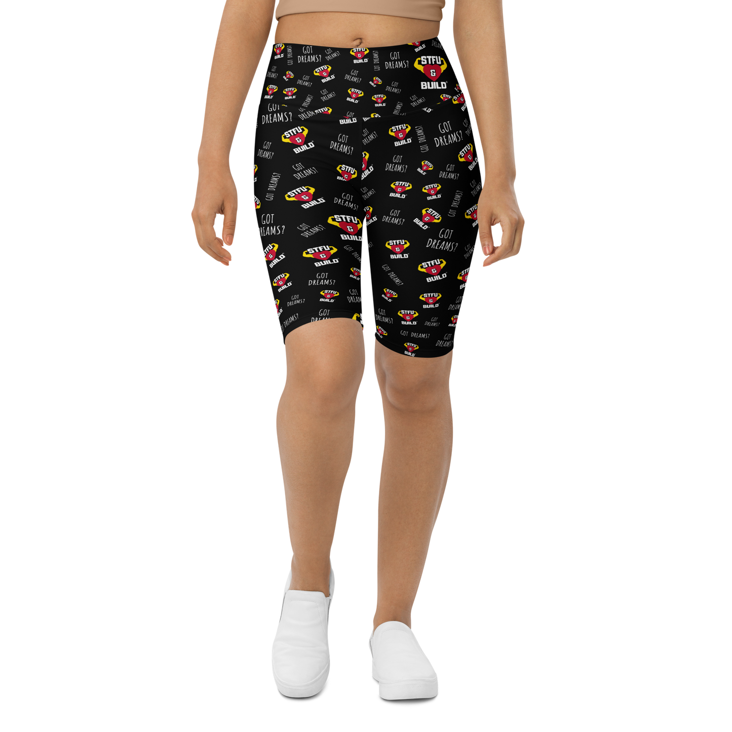 STFU & BUILD® | “Do The Dirty Core Work — Classic Collage” — Women's Biker Shorts