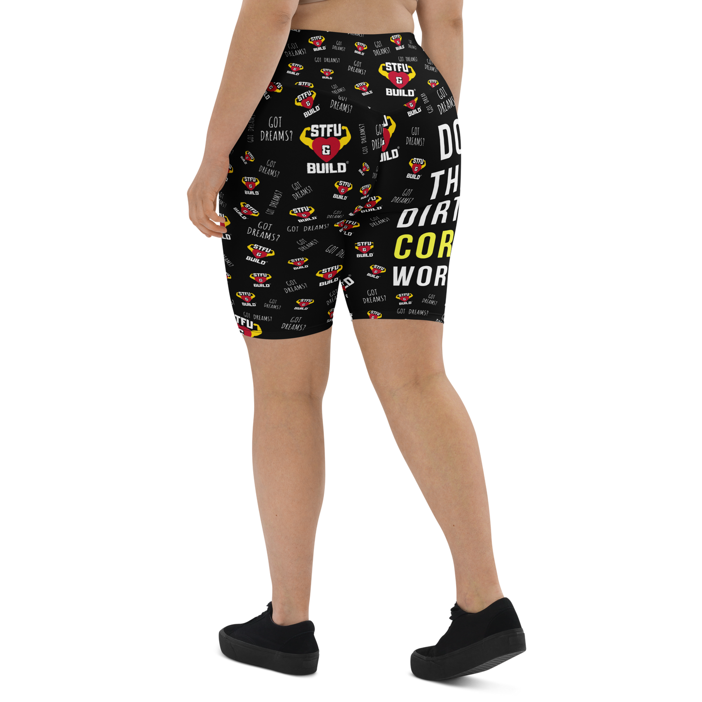 STFU & BUILD® | “Do The Dirty Core Work — Classic Collage” — Women's Biker Shorts