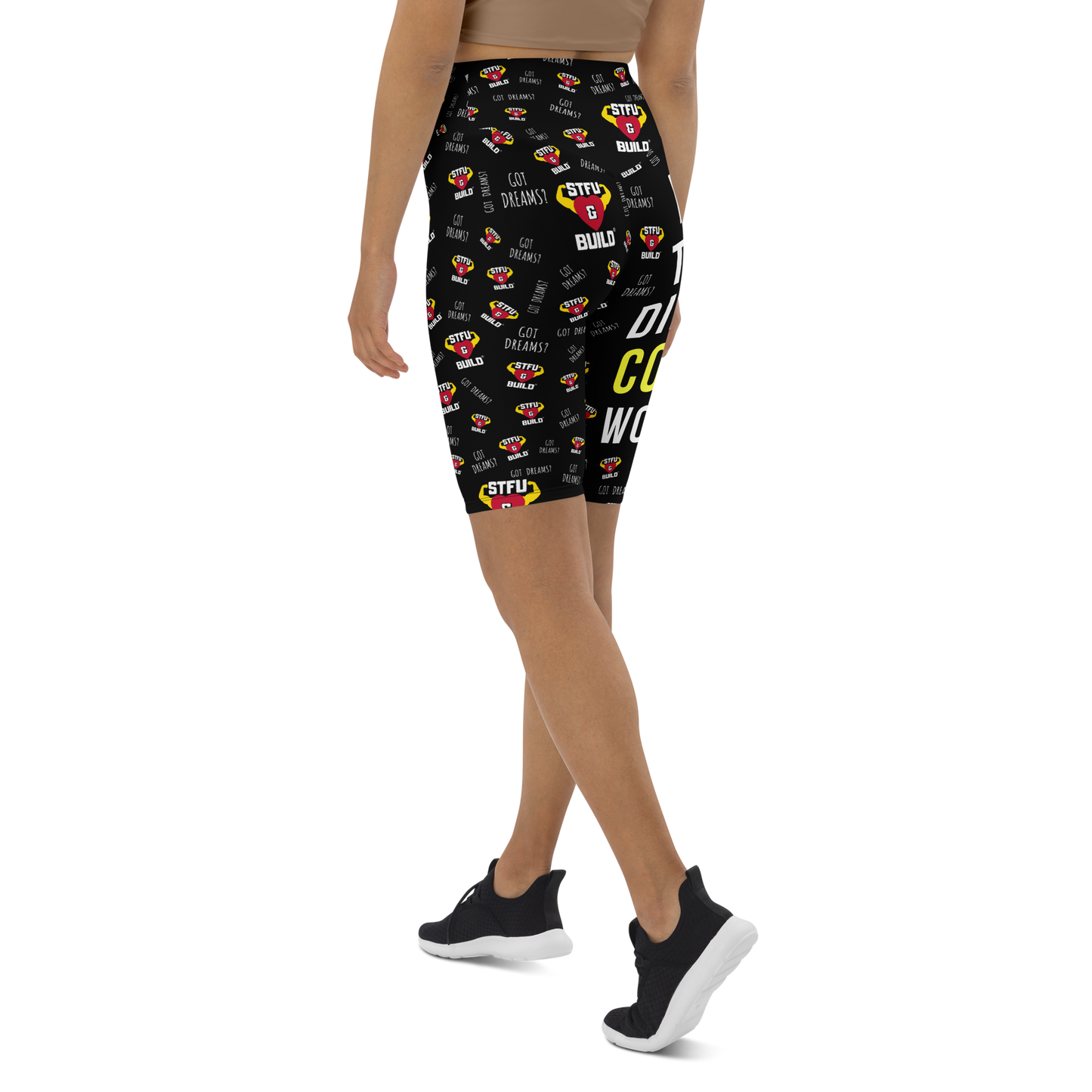 STFU & BUILD® | “Do The Dirty Core Work — Classic Collage” — Women's Biker Shorts