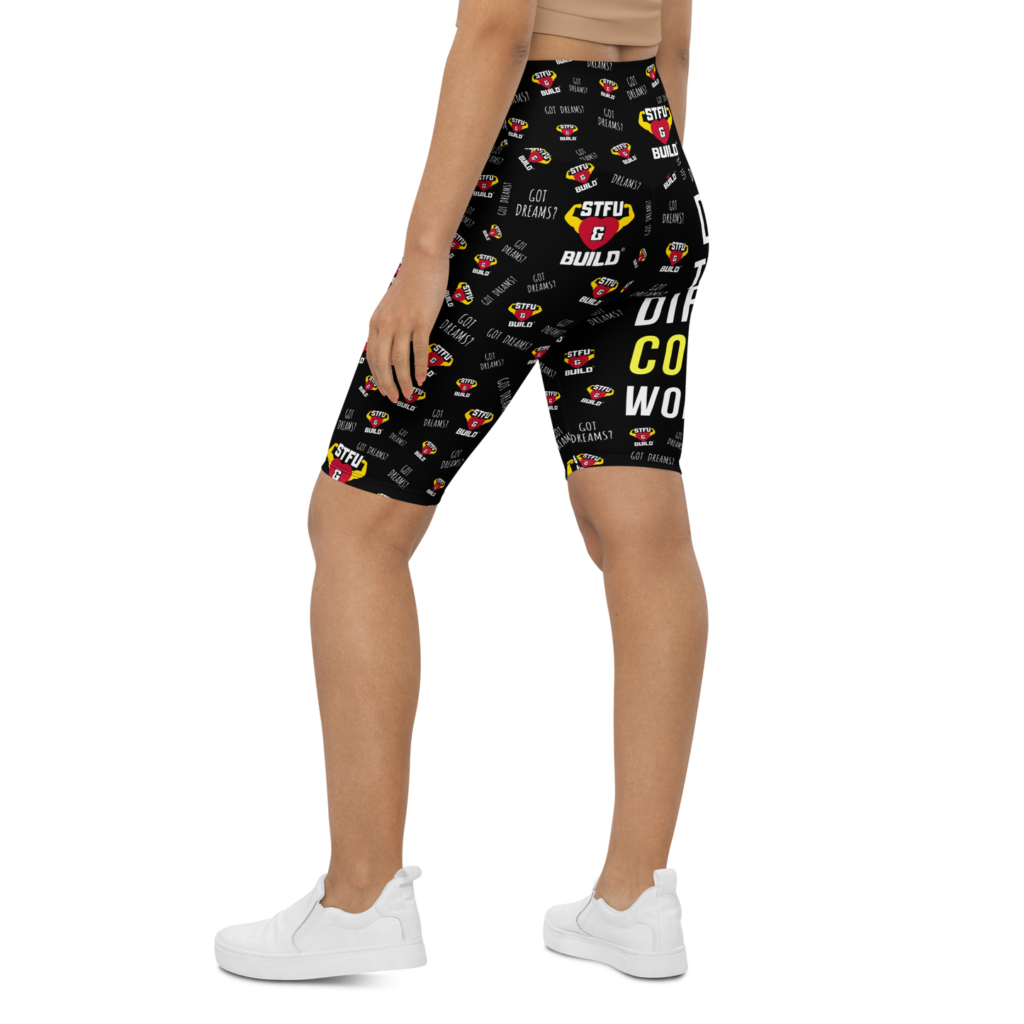 STFU & BUILD® | “Do The Dirty Core Work — Classic Collage” — Women's Biker Shorts