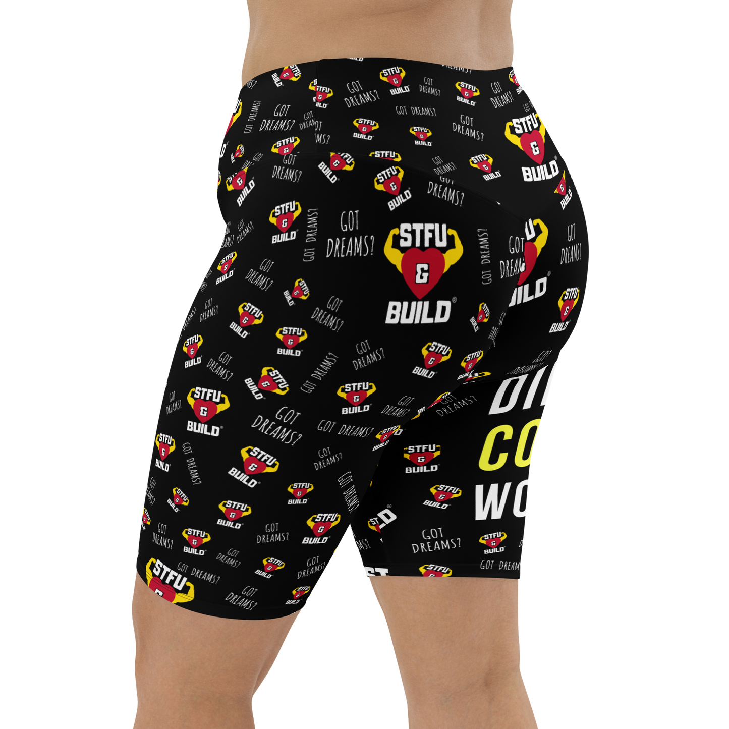 STFU & BUILD® | “Do The Dirty Core Work — Classic Collage” — Women's Biker Shorts