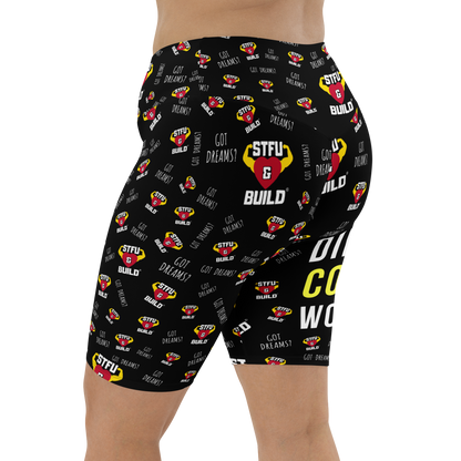 STFU & BUILD® | “Do The Dirty Core Work — Classic Collage” — Women's Biker Shorts