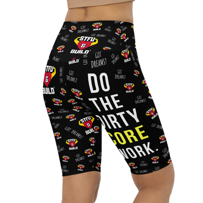 STFU & BUILD® | “Do The Dirty Core Work — Classic Collage” — Women's Biker Shorts