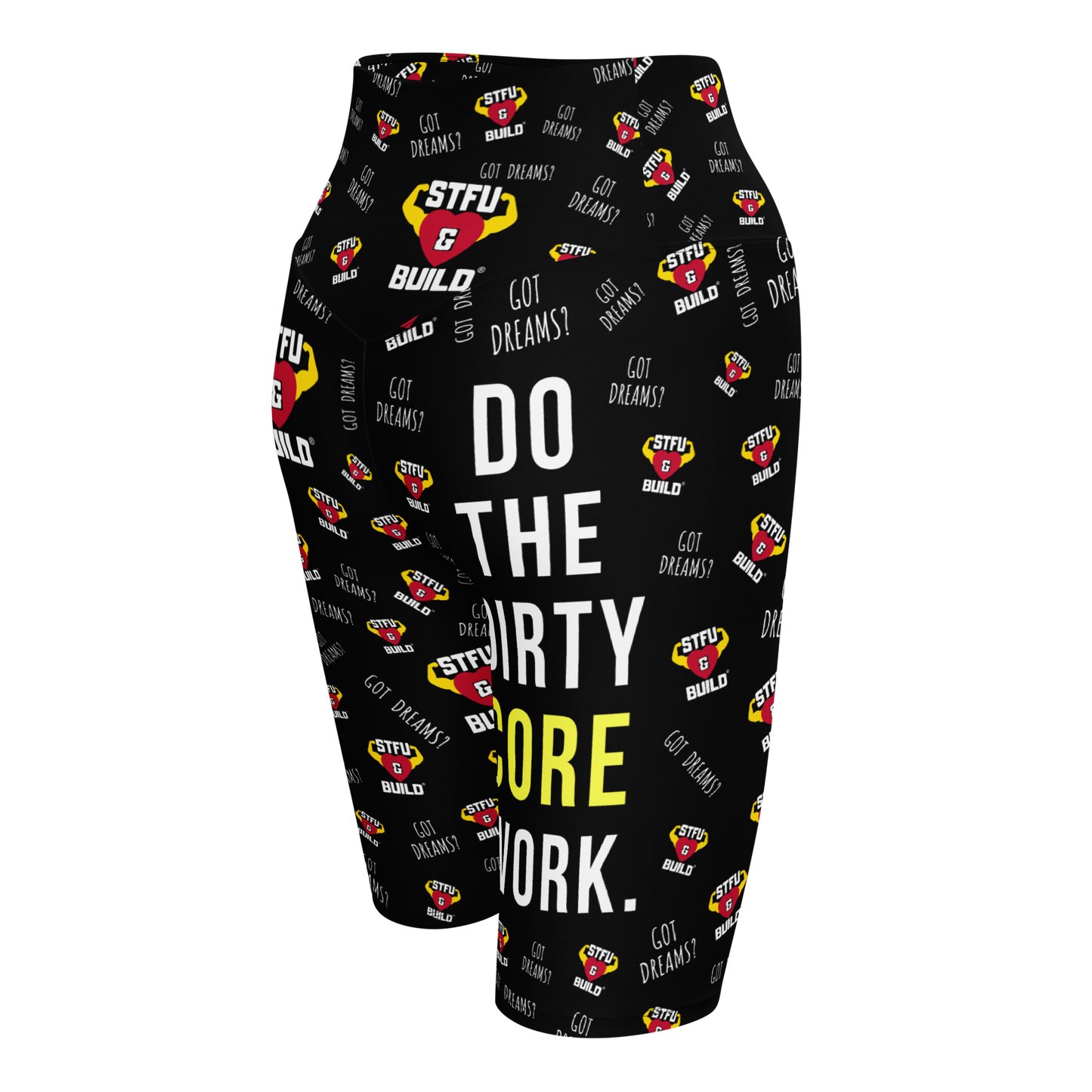 STFU & BUILD® | “Do The Dirty Core Work — Classic Collage” — Women's Biker Shorts