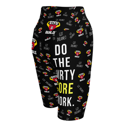 STFU & BUILD® | “Do The Dirty Core Work — Classic Collage” — Women's Biker Shorts