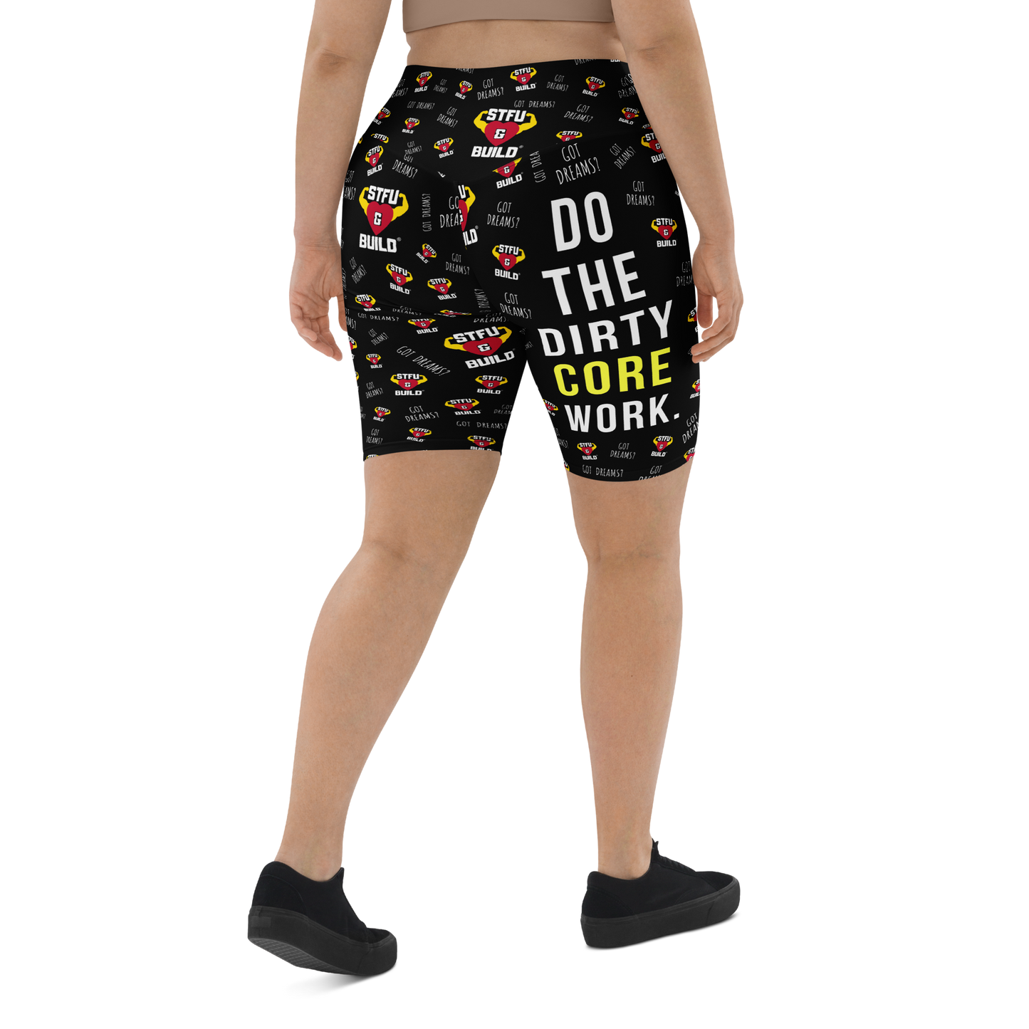 STFU & BUILD® | “Do The Dirty Core Work — Classic Collage” — Women's Biker Shorts