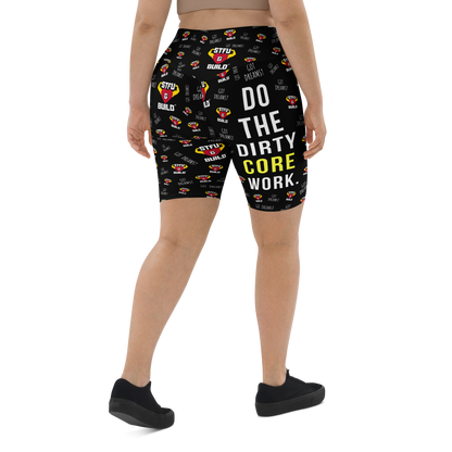 STFU & BUILD® | “Do The Dirty Core Work — Classic Collage” — Women's Biker Shorts