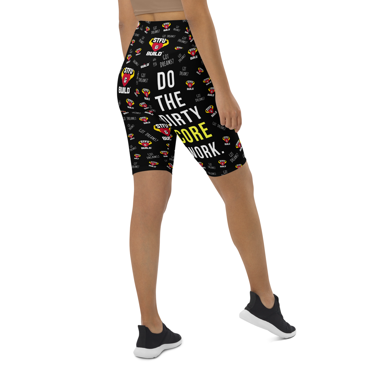 STFU & BUILD® | “Do The Dirty Core Work — Classic Collage” — Women's Biker Shorts