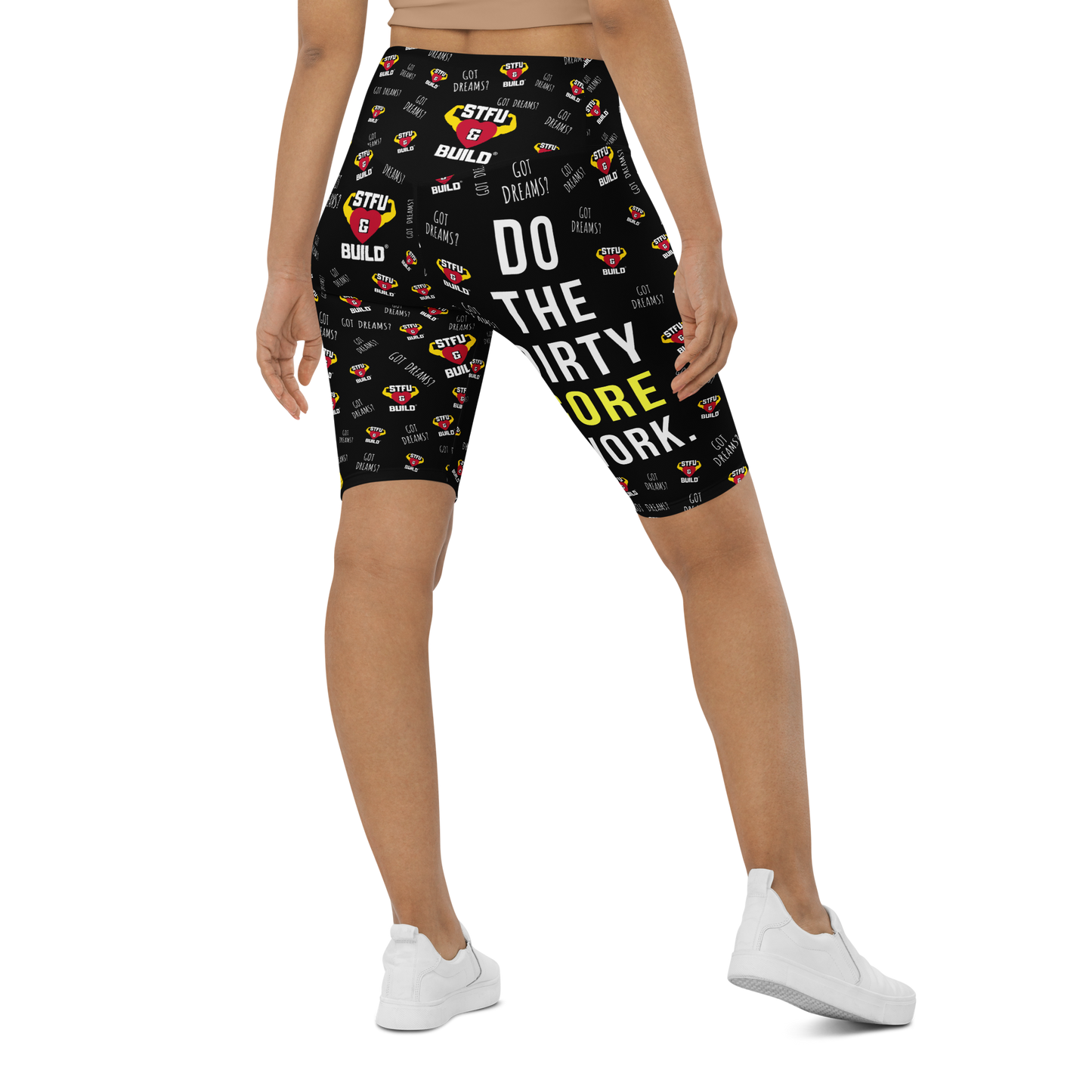 STFU & BUILD® | “Do The Dirty Core Work — Classic Collage” — Women's Biker Shorts