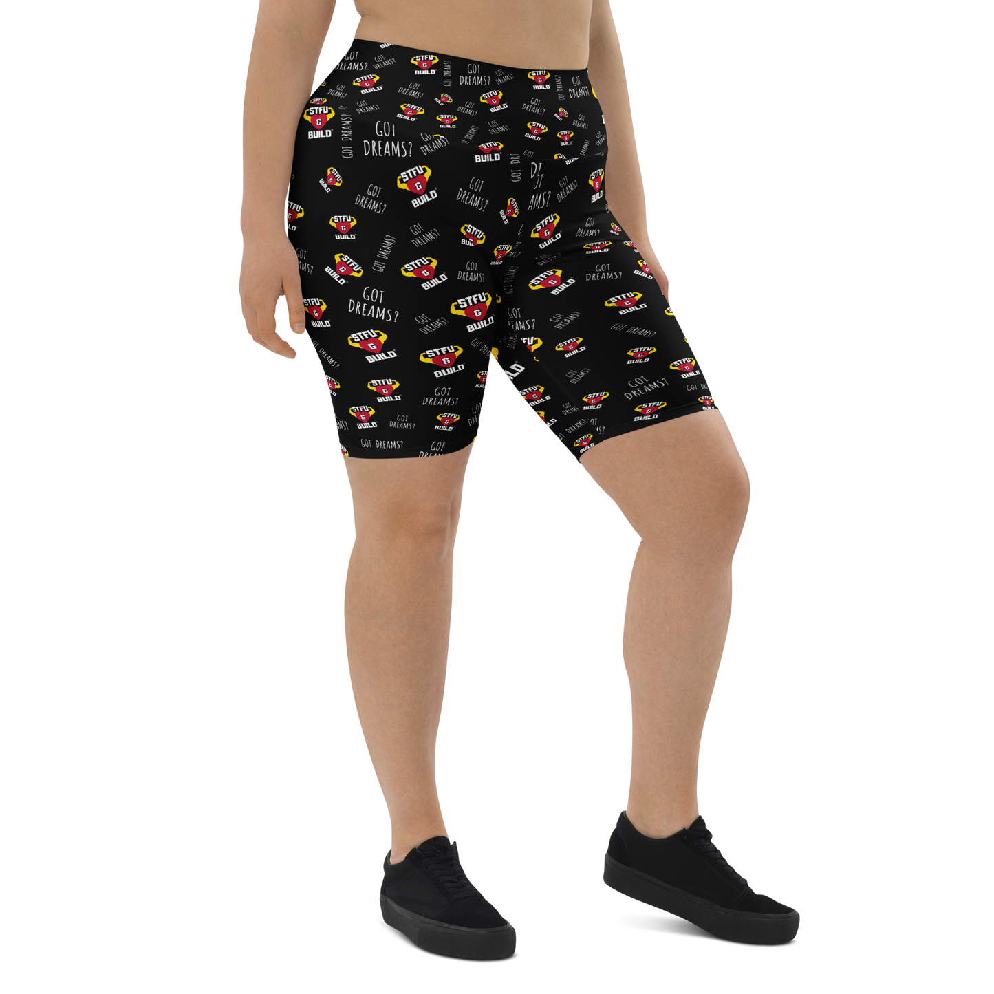 STFU & BUILD® | “Do The Dirty Core Work — Classic Collage” — Women's Biker Shorts