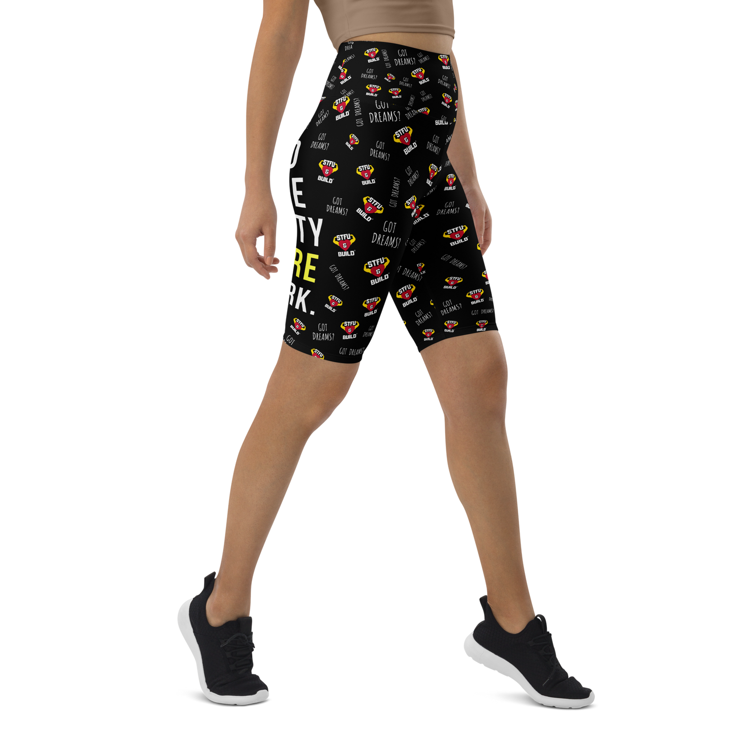 STFU & BUILD® | “Do The Dirty Core Work — Classic Collage” — Women's Biker Shorts