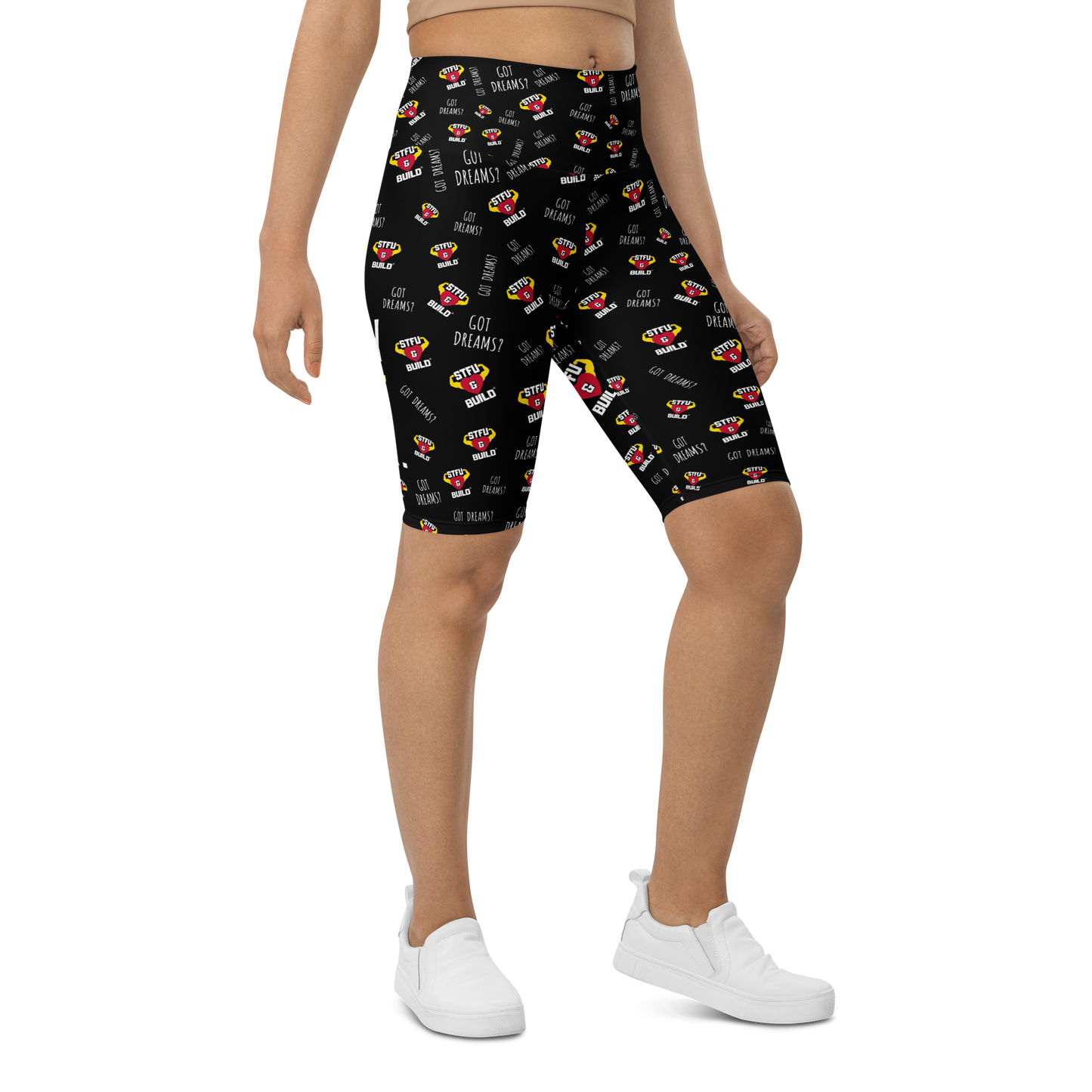 STFU & BUILD® | “Do The Dirty Core Work — Classic Collage” — Women's Biker Shorts