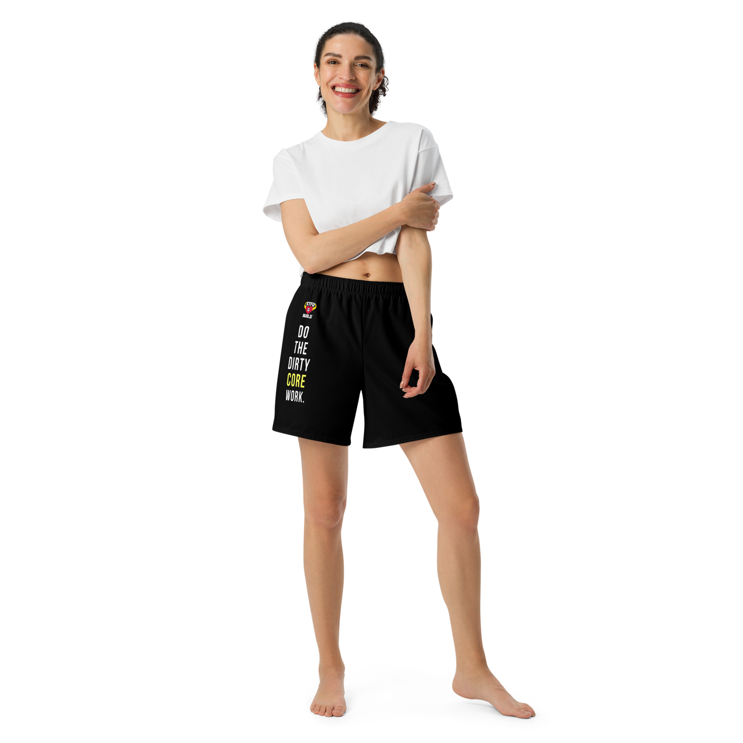 STFU & BUILD® | “Do The Dirty Core Work” — Women’s Recycled Athletic Shorts