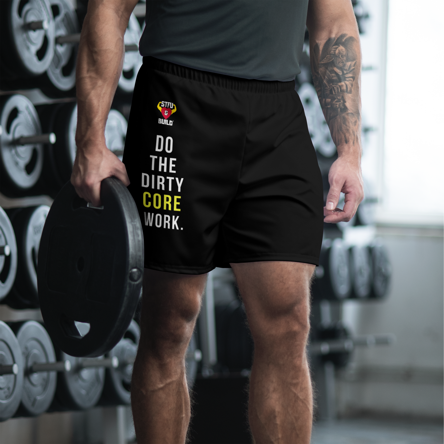 STFU & BUILD® | “Do The Dirty Core Work” — Men’s Recycled Athletic Shorts