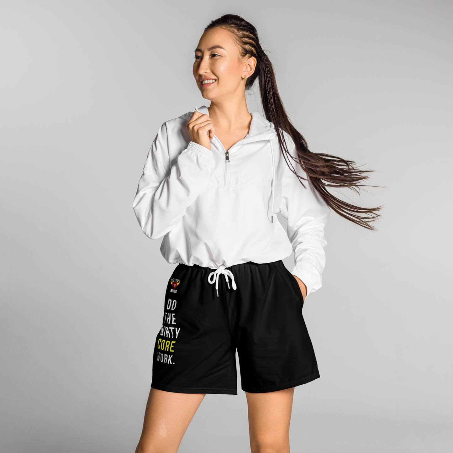 STFU & BUILD® | “Do The Dirty Core Work” — Women’s Recycled Athletic Shorts