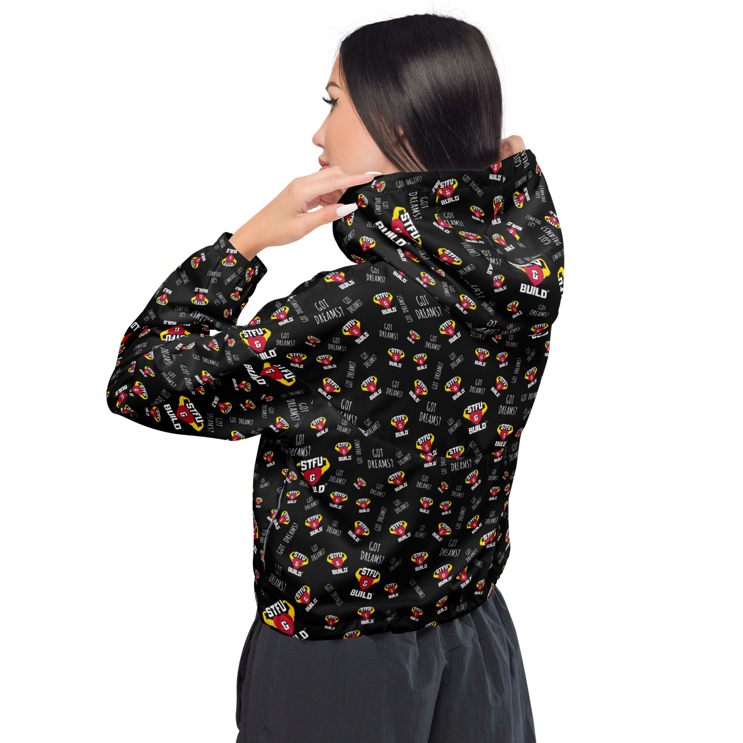STFU & BUILD® | “Success Is Strictly Reserved — Classic Collage” — Women’s Cropped Windbreaker