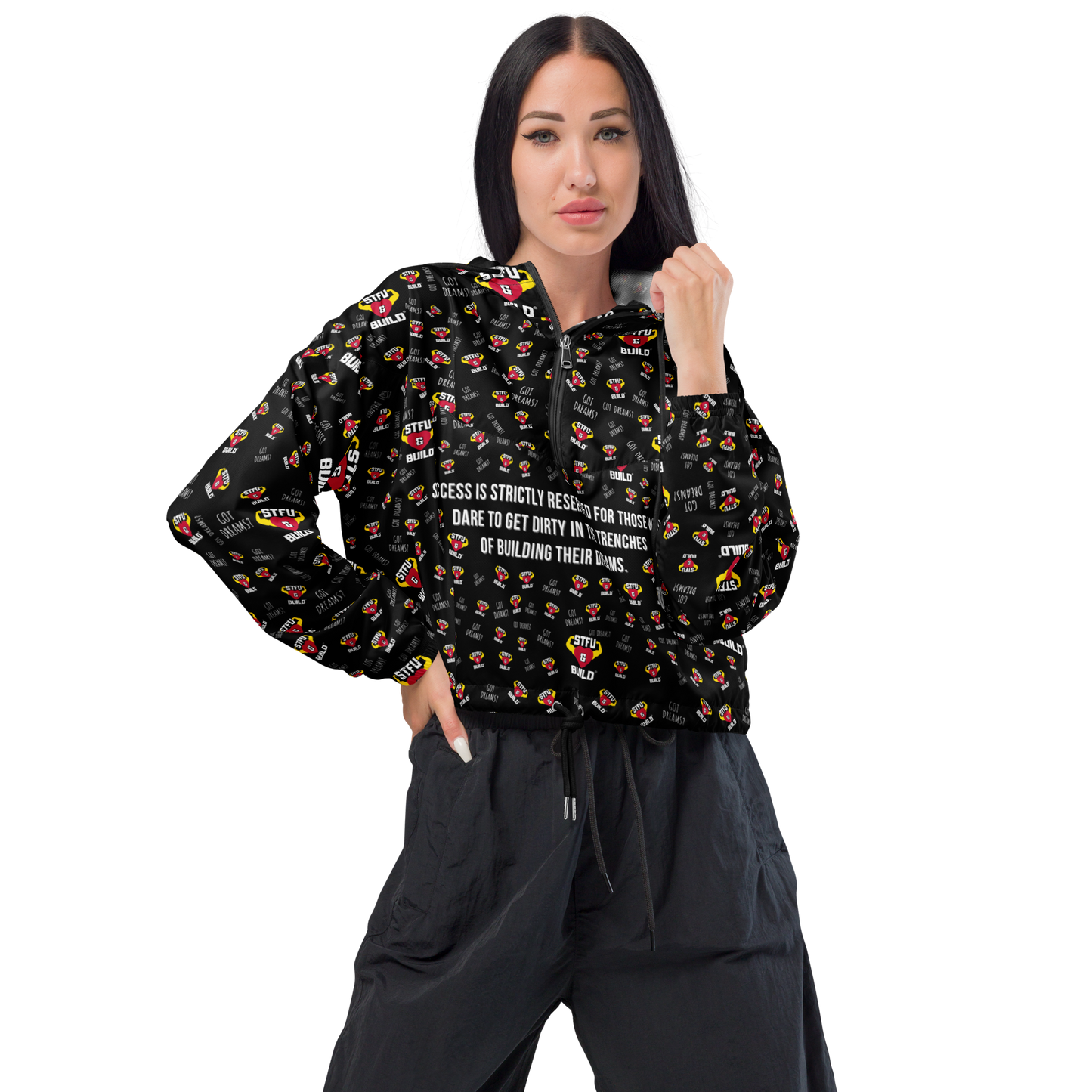 STFU & BUILD® | “Success Is Strictly Reserved — Classic Collage” — Women’s Cropped Windbreaker