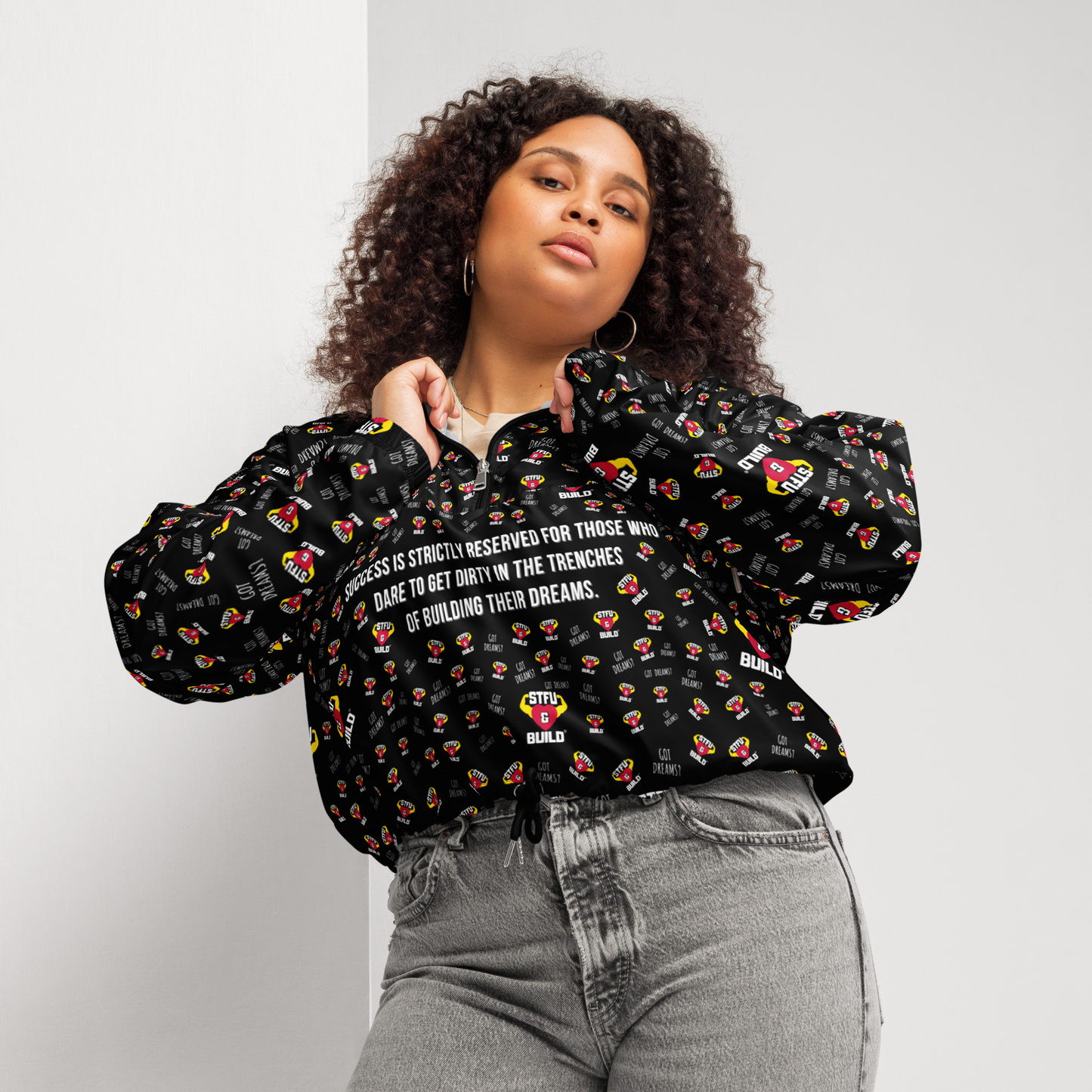 STFU & BUILD® | “Success Is Strictly Reserved — Classic Collage” — Women’s Cropped Windbreaker