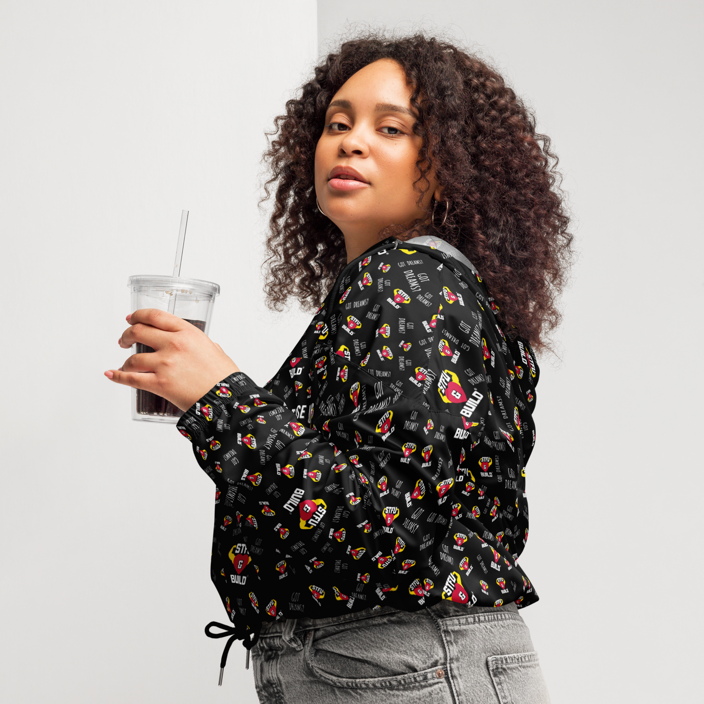 STFU & BUILD® | “Success Is Strictly Reserved — Classic Collage” — Women’s Cropped Windbreaker