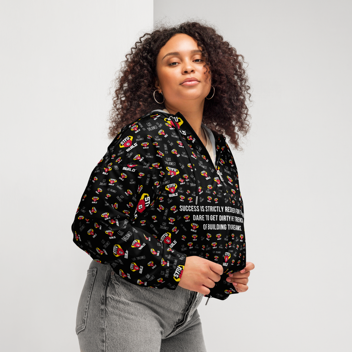 STFU & BUILD® | “Success Is Strictly Reserved — Classic Collage” — Women’s Cropped Windbreaker