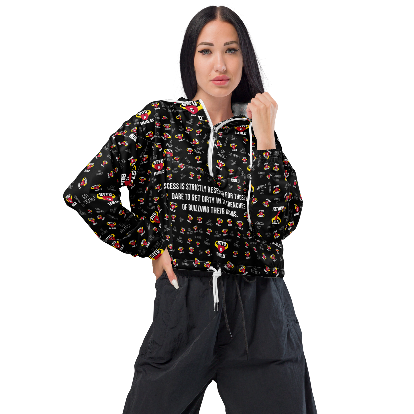 STFU & BUILD® | “Success Is Strictly Reserved — Classic Collage” — Women’s Cropped Windbreaker