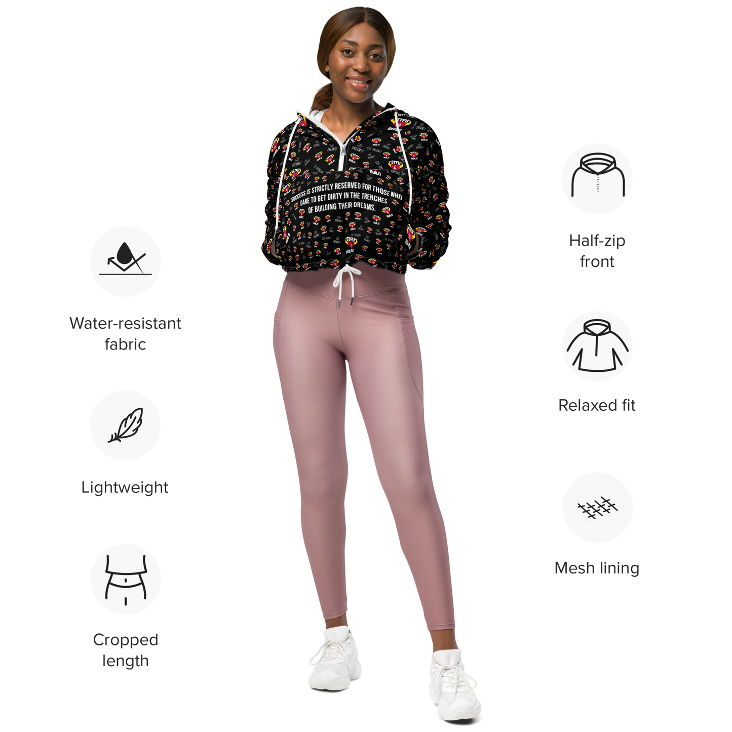 STFU & BUILD® | “Success Is Strictly Reserved — Classic Collage” — Women’s Cropped Windbreaker