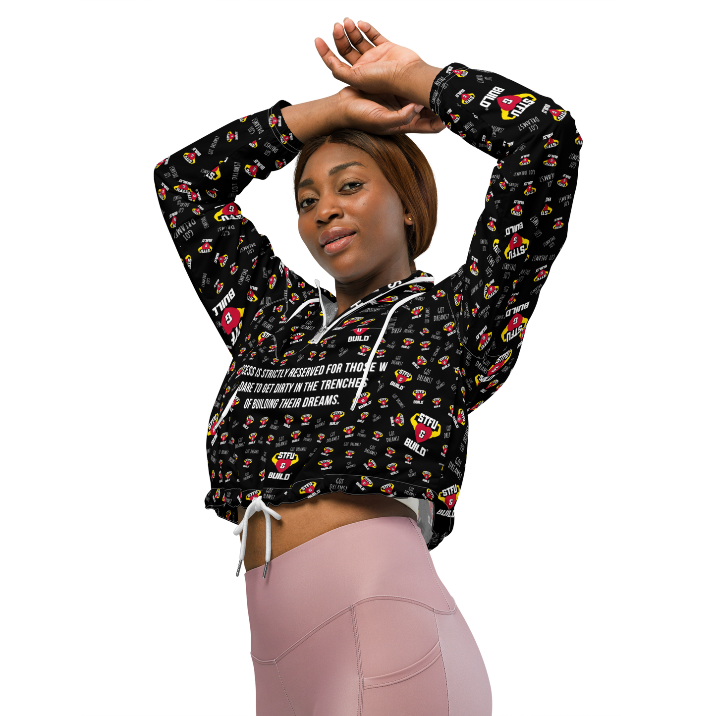 STFU & BUILD® | “Success Is Strictly Reserved — Classic Collage” — Women’s Cropped Windbreaker