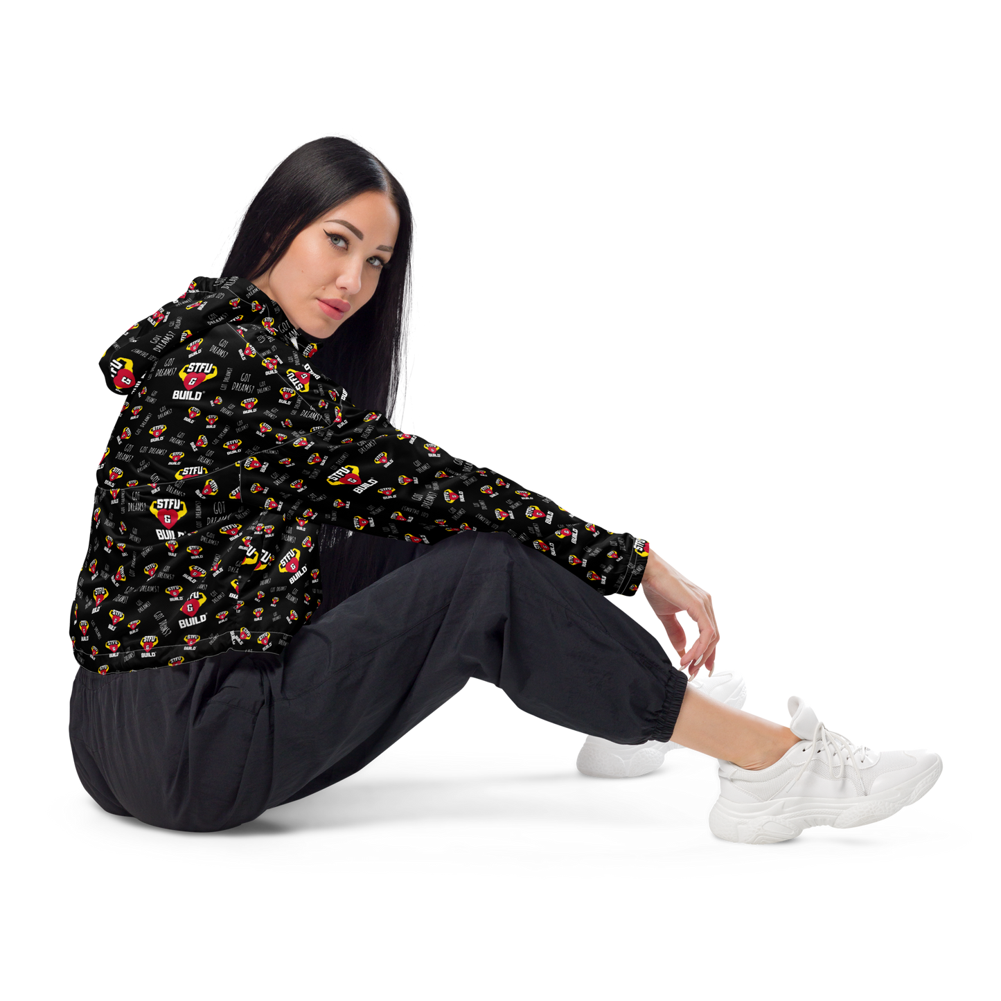 STFU & BUILD® | “Success Is Strictly Reserved — Classic Collage” — Women’s Cropped Windbreaker